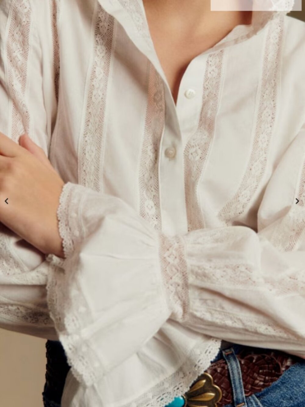 Sezane White Lace-Trim Ruffle Collar Lise Blouse in size 42